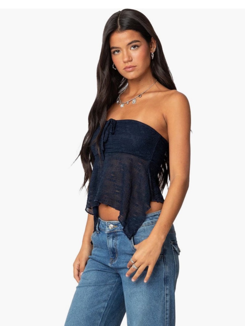 Edikted Embroidered Sheer Strapless Top - Navy